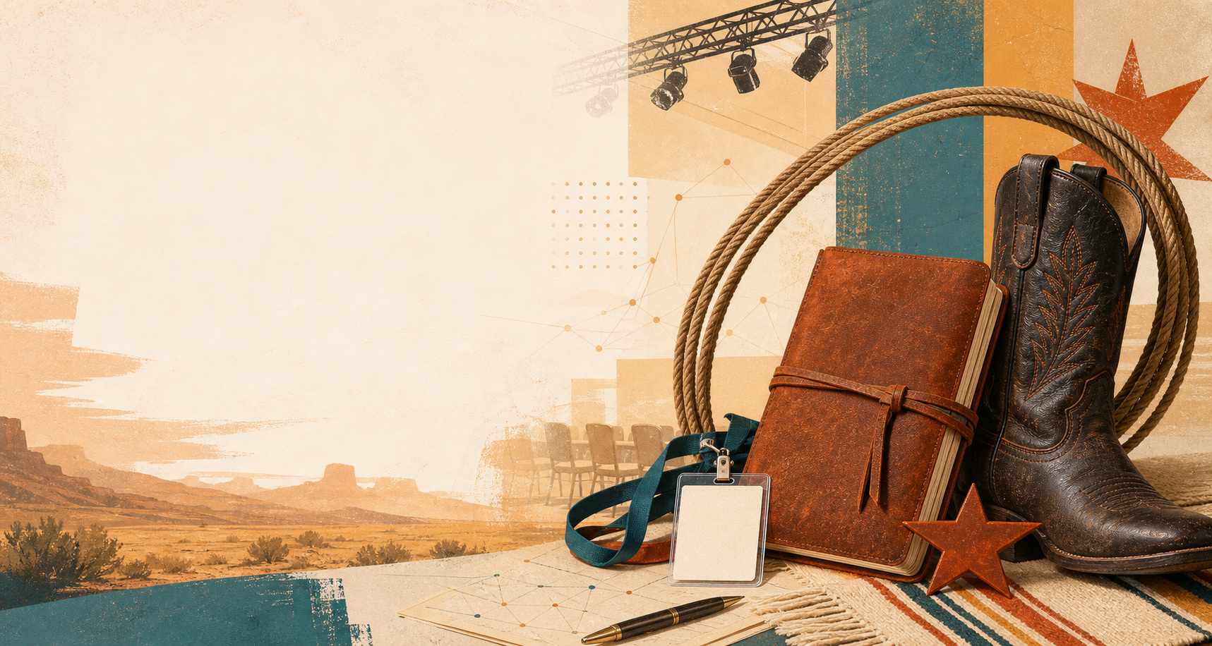 Western-inspired still life with conference and technology details